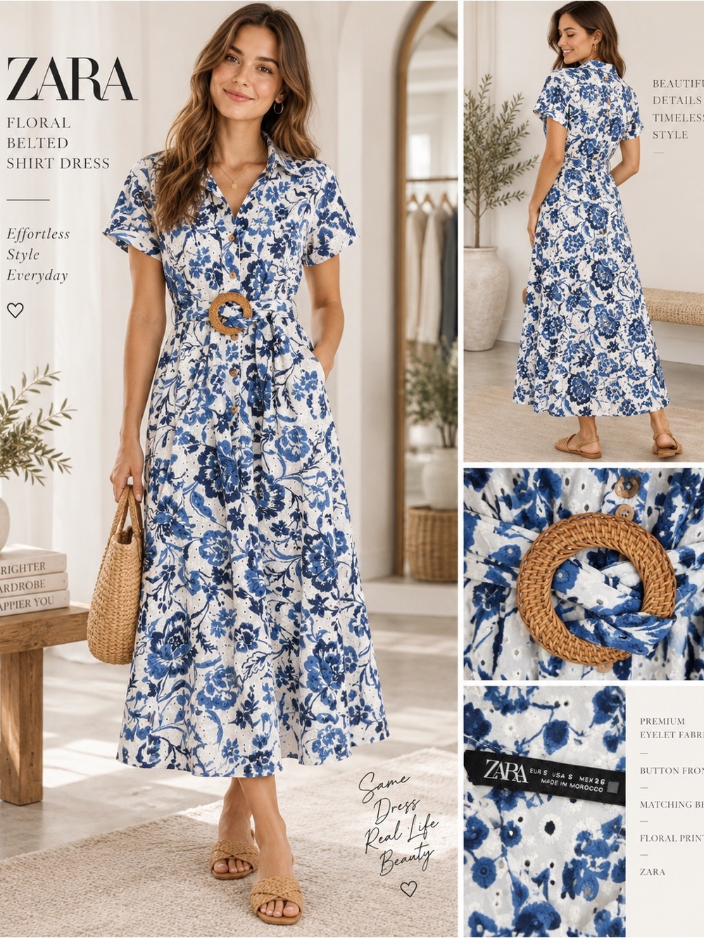 ZARA Blue Floral Belted Shirt Dress size S